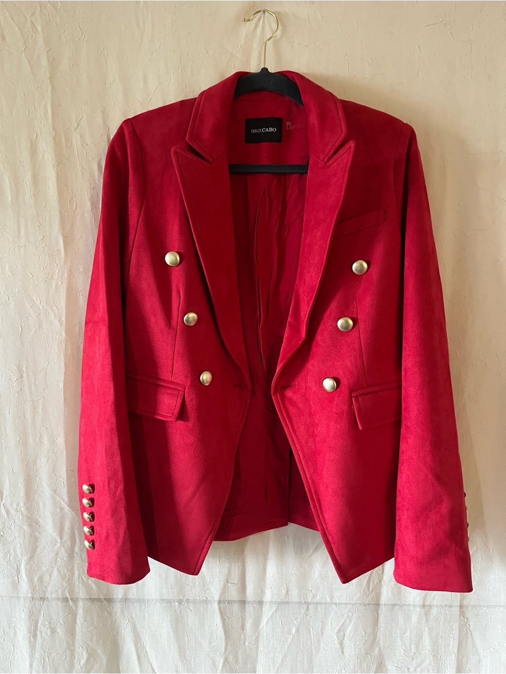 Dolce Cabo Crimson Red Double-Breasted Velvet Blazer with Gold Buttons
